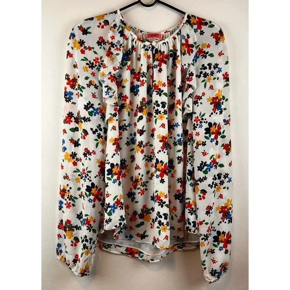 Kate Spade Sailing Floral Ruffle Blouse Ivory Multi Long Sleeve Top NWT Size XL - Picture 8 of 15